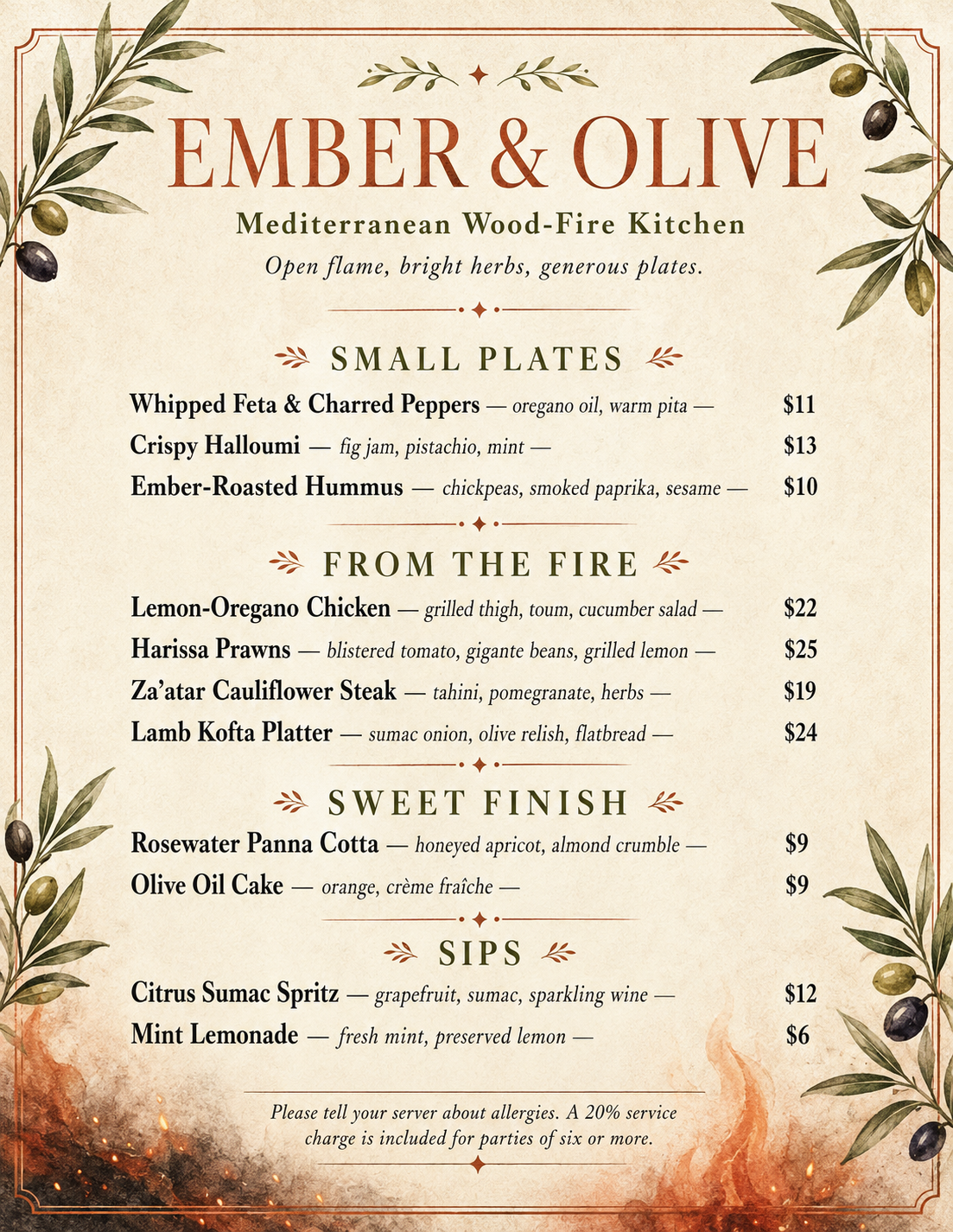 Ember & Olive menu cover