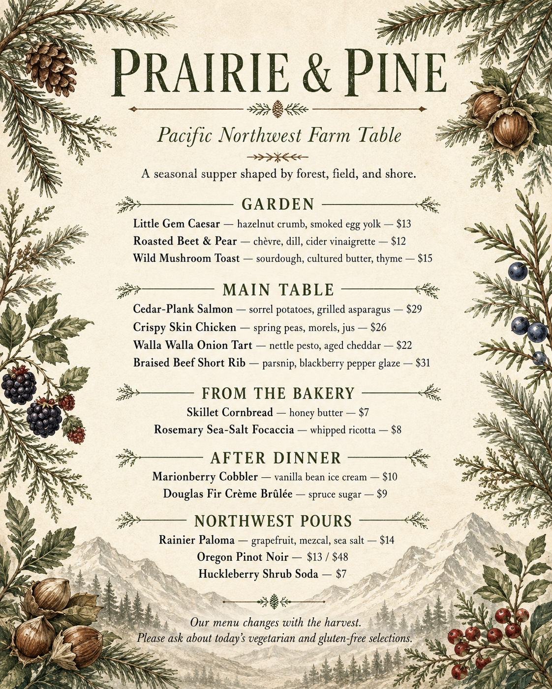 Prairie & Pine menu cover