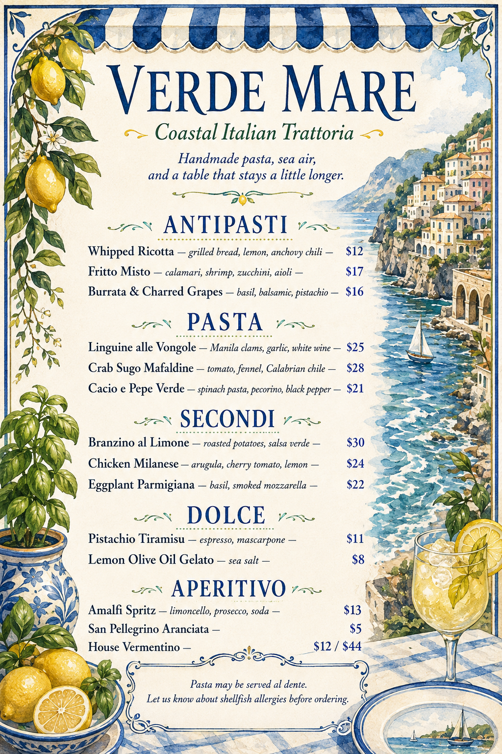 Verde Mare menu cover