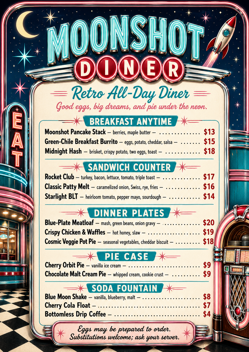 Moonshot Diner menu cover